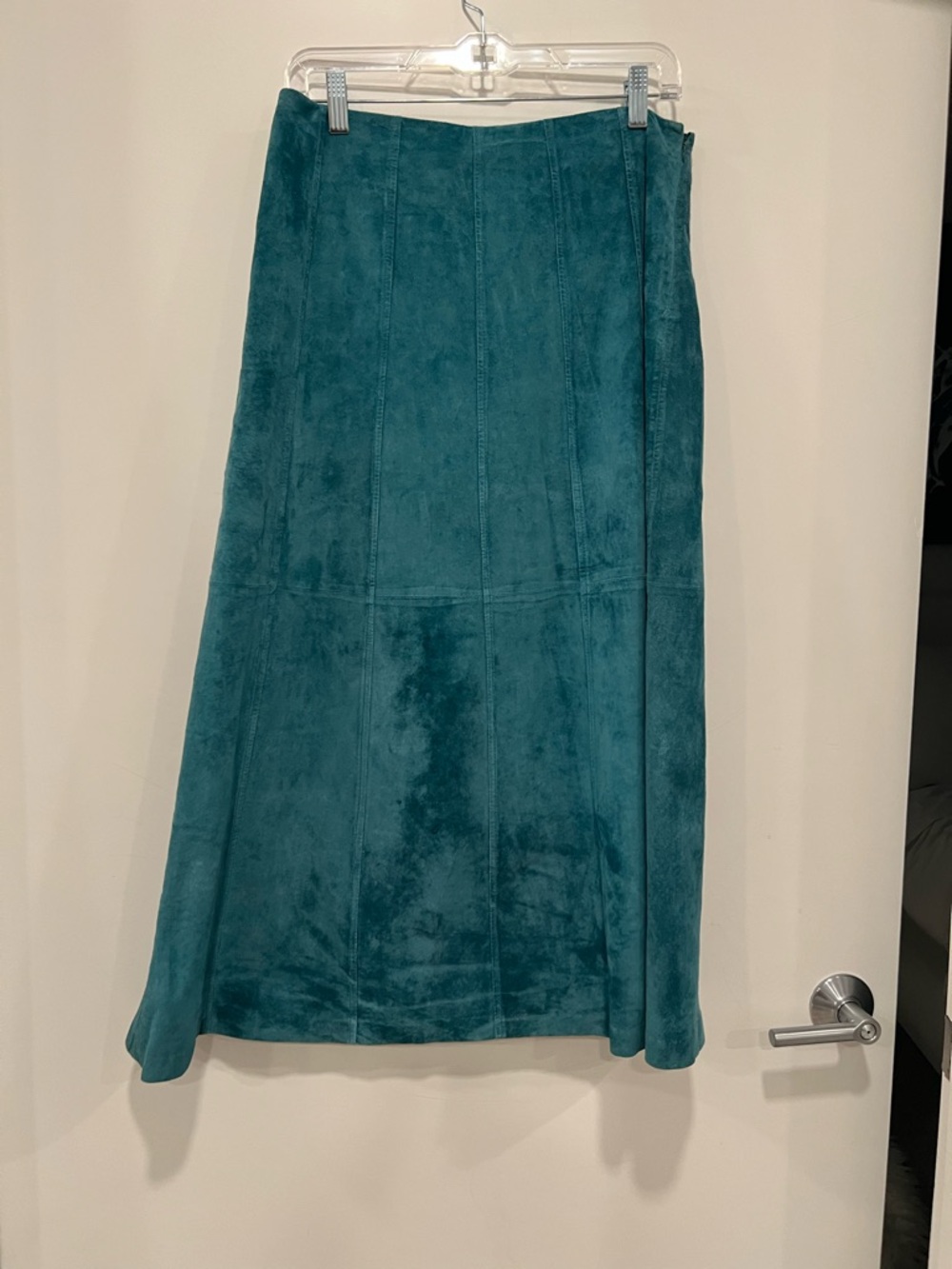 Teal Suede Midi Skirt - Sleek A-Line Panel Design